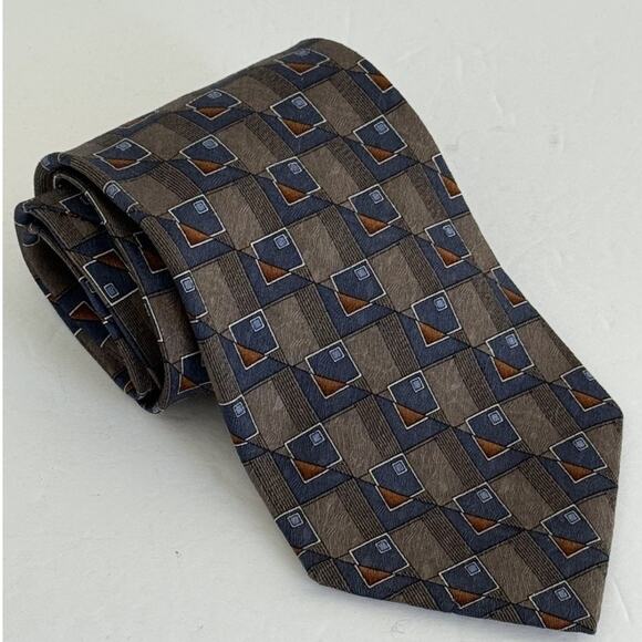 Zanzara Men's Necktie 100% Silk Allover Square Geometric Print Brown Blue Retro - Picture 2 of 6